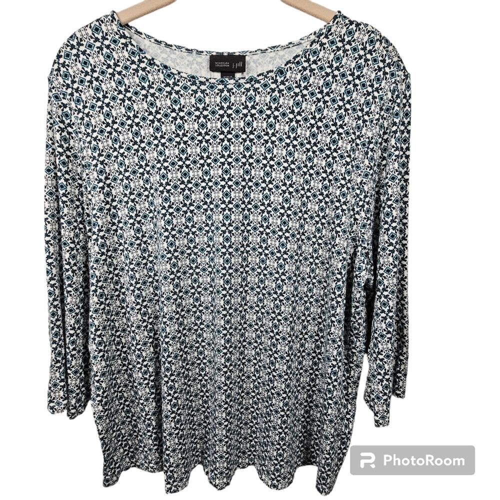 J. Jill Wearever Collection Teal Blue Geometric Print Blouse Size L